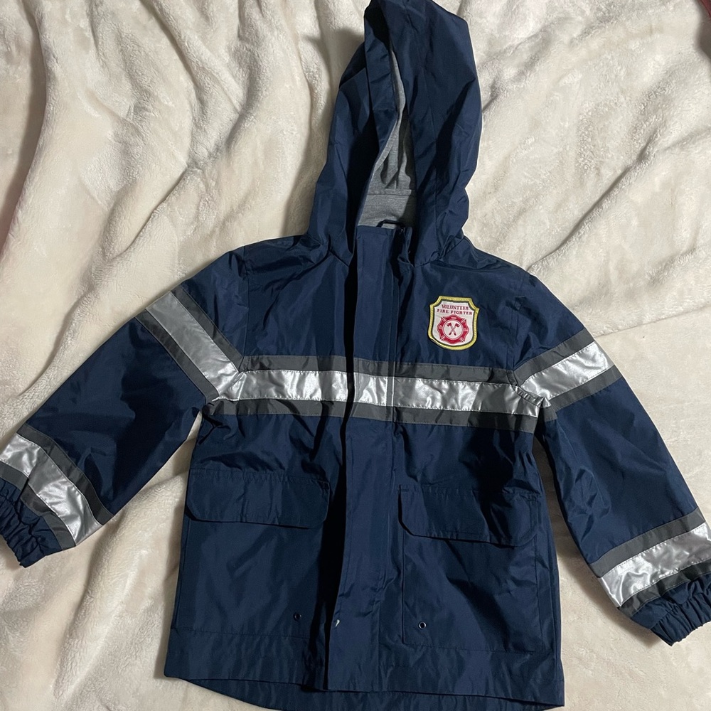 Kids Navy Blue Hooded Rain Jacket with Silver Accents